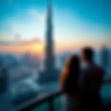 Breathtaking Views from Burj Khalifa Couple enjoying a sunset view from the Burj Khalifa