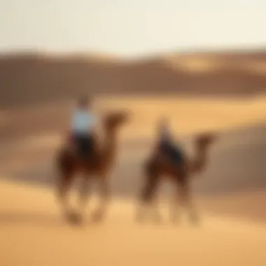 A serene desert landscape with a couple riding camels
