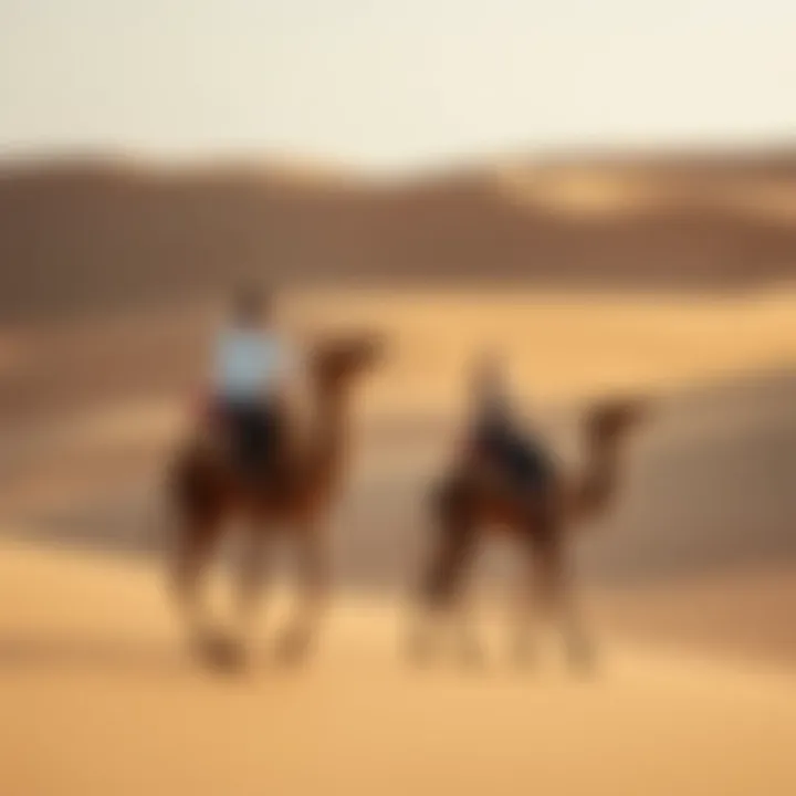 A serene desert landscape with a couple riding camels