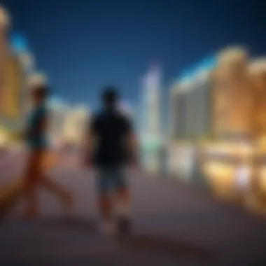 Romantic Evening Walk at Dubai Marina Couple taking a stroll through the Dubai Marina at night
