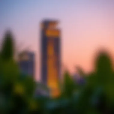 Creek Rise Tower at sunset illuminating the surrounding area with its architectural brilliance