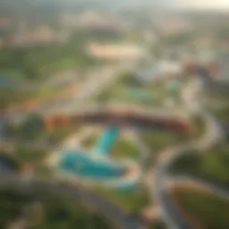 Aerial view of DAMAC Hills showcasing the lush green landscapes and modern architecture.