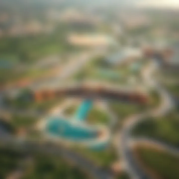 Aerial view of DAMAC Hills showcasing the lush green landscapes and modern architecture.