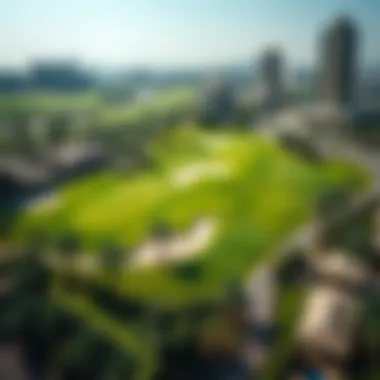 Aerial Perspective of Dubai's Lush Golf Course A stunning aerial view of a Dubai golf course showcasing its lush greenery and luxurious surroundings.