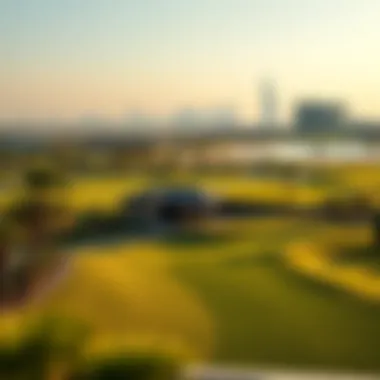 Panoramic Golf Course with Dubai's Iconic Skyline A panoramic view of a golf course with iconic Dubai skyline in the background.