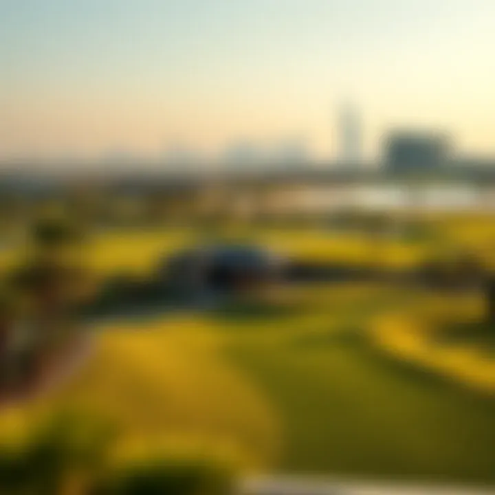 Panoramic Golf Course with Dubai's Iconic Skyline A panoramic view of a golf course with iconic Dubai skyline in the background.