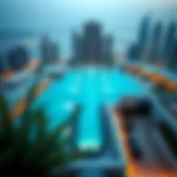 Aerial view of the Aura Sky Pool showcasing its exquisite design against the Dubai skyline.