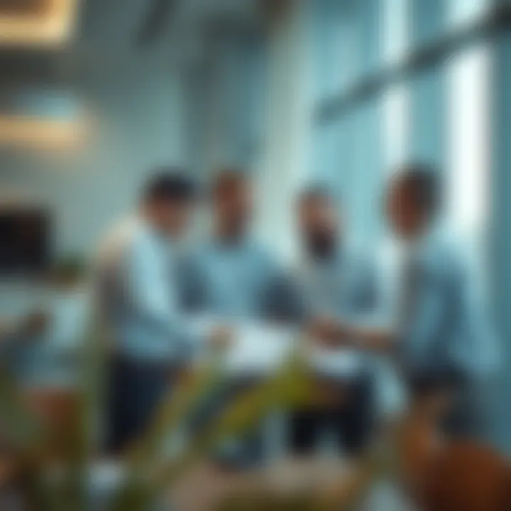 Collaboration Among Developers in Dubai Developers collaborating on a blueprint in a contemporary office