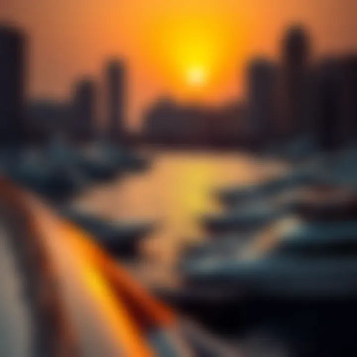 A stunning sunset over Dubai Harbour with luxury yachts docked