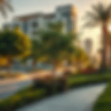 A serene park in Dubai showcasing lush greenery and modern architecture