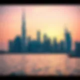 A breathtaking view of Dubai's skyline during sunset with vibrant colors reflecting on the water.