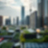 A vibrant city skyline with green rooftops and solar panels