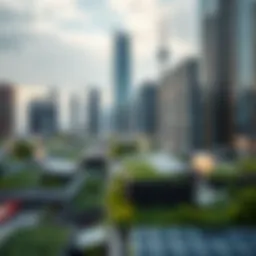 A vibrant city skyline with green rooftops and solar panels
