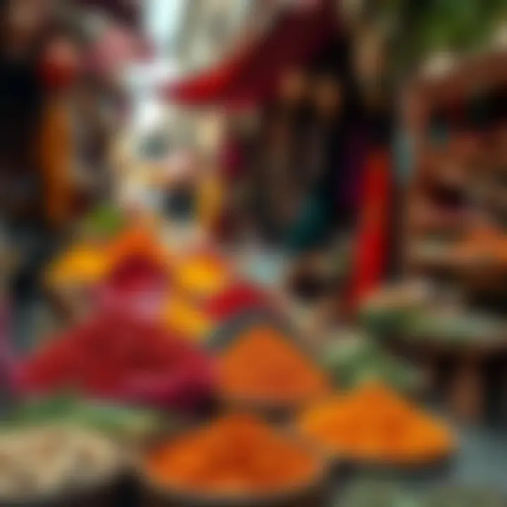 The Colorful Spices of Dubai's Souk A vibrant scene of spices and herbs in a traditional souk
