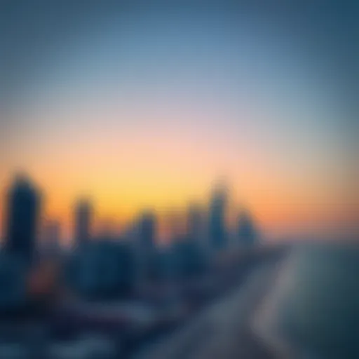 Panoramic view of Dubai's beachfront skyline at sunset