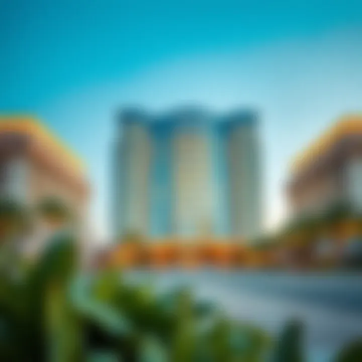 The striking exterior of Grand Hyatt Dubai showcasing its modern architecture.