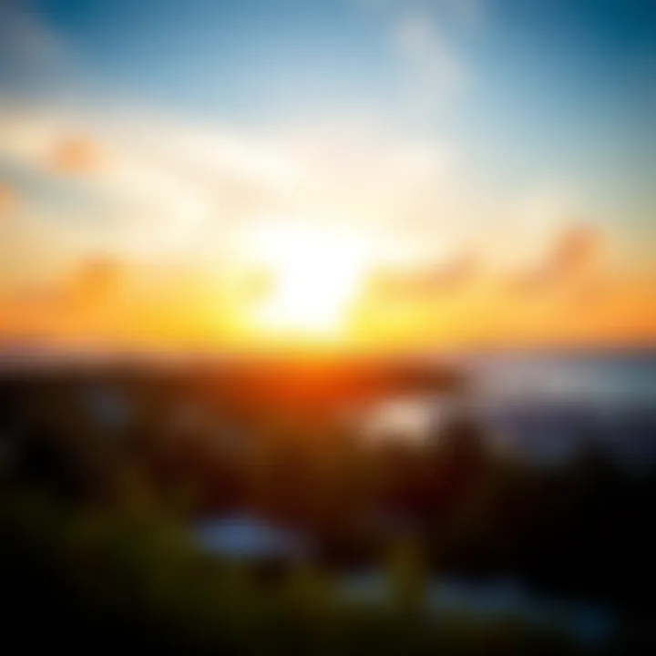 Stunning sunset view over Palm Island's iconic skyline and marina