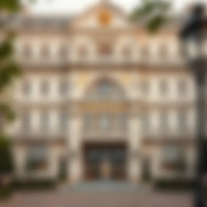 A grand facade of a royal palace showcasing intricate architectural details.