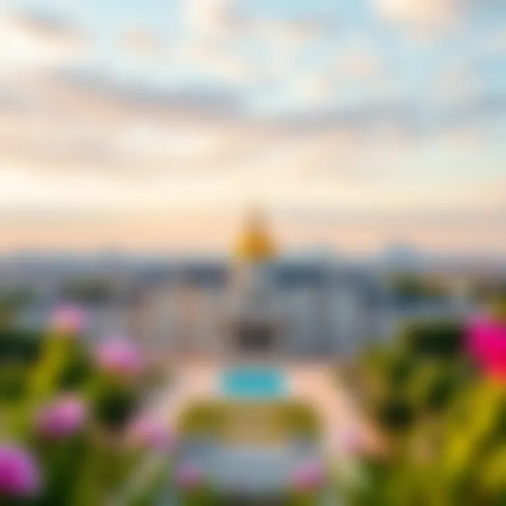 A panoramic view of a famous royal residence set against a vibrant skyline.