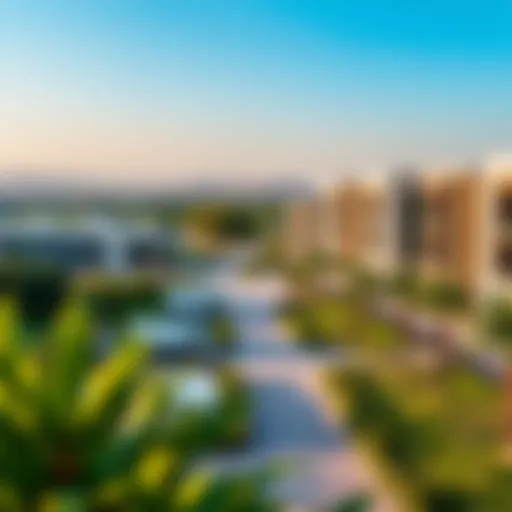 A panoramic view of the Meadows community showcasing lush greenery and modern architecture