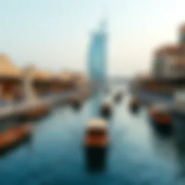 A serene view of Dubai Creek with traditional boats
