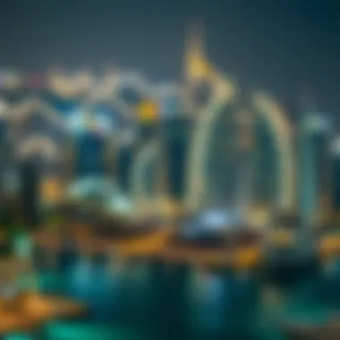 Aerial view of Dubai Marina illuminated at night