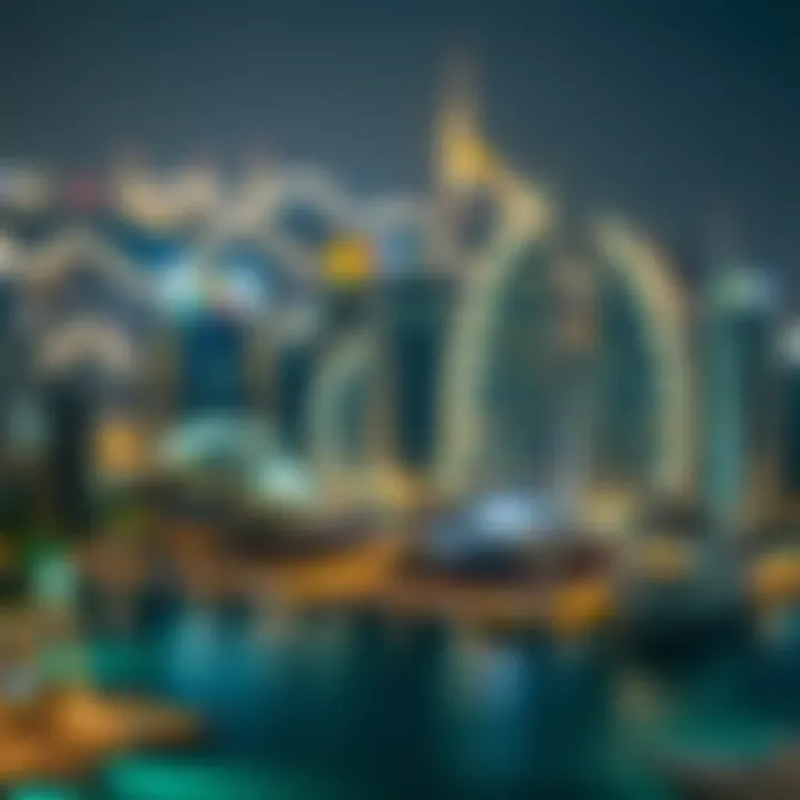 Aerial view of Dubai Marina illuminated at night