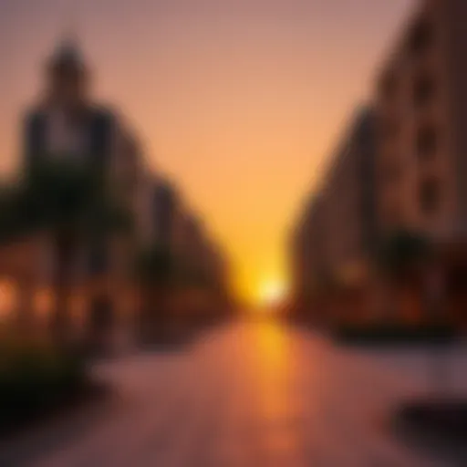 Stunning view of the Jumeirah Beach Residence Walk at sunset