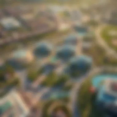 An aerial perspective of Meydan District One highlighting community amenities and green spaces.