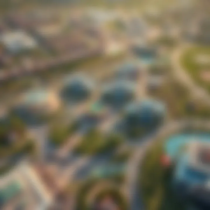 An aerial perspective of Meydan District One highlighting community amenities and green spaces.