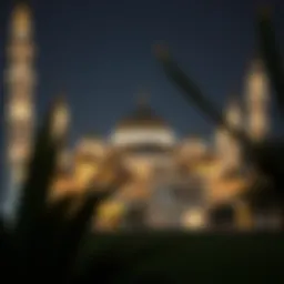 A serene view of a traditional mosque illuminated at night during Ramadan