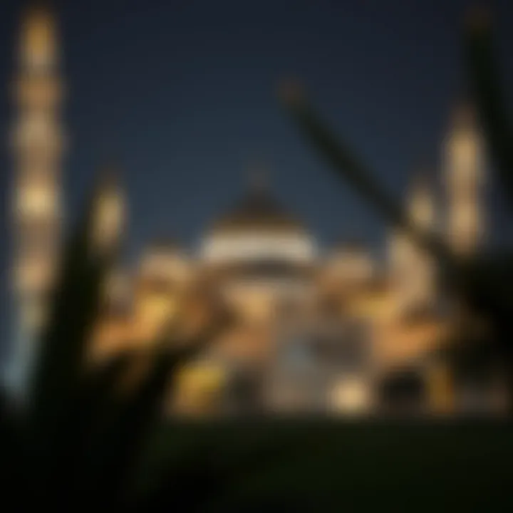 A serene view of a traditional mosque illuminated at night during Ramadan