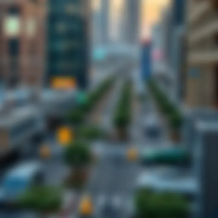 A bustling urban landscape illustrating the integration of parking within the city