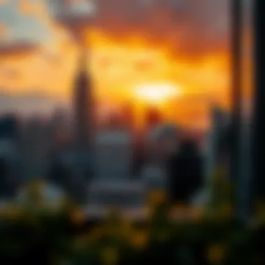 A city skyline illuminated by the golden hues of sunset