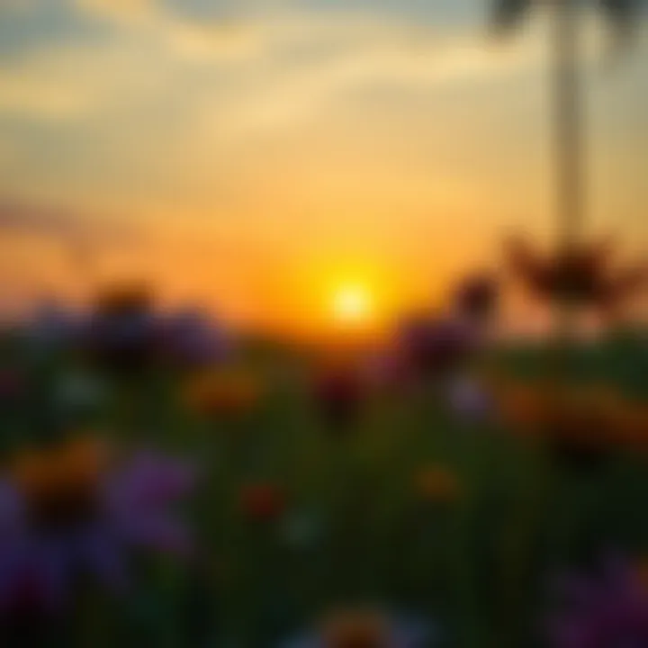 A field of wildflowers basking in the warm glow of a setting sun