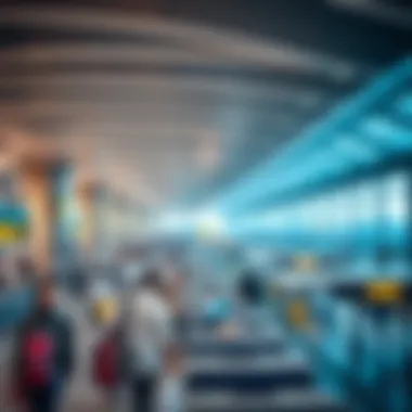 Panoramic shot of a busy airport terminal during peak hours