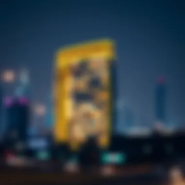 The Curve Building at night, illuminated against Dubai's skyline