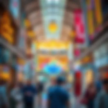 The vibrant atmosphere inside Dubai Mall with shoppers and attractions.