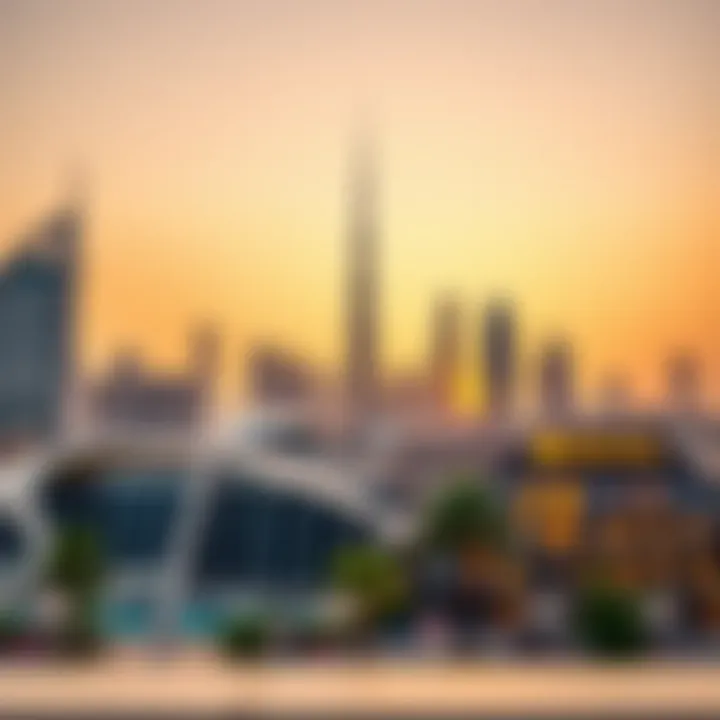 A scenic view of the Dubai skyline with Dubai Mall in the foreground.