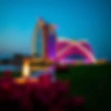 Evening view of The Pointe illuminated with vibrant lights