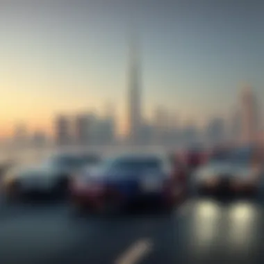 Dubai Skyline: A Hub for Luxury Automobiles Scenic view of Dubai skyline with luxury cars on the road
