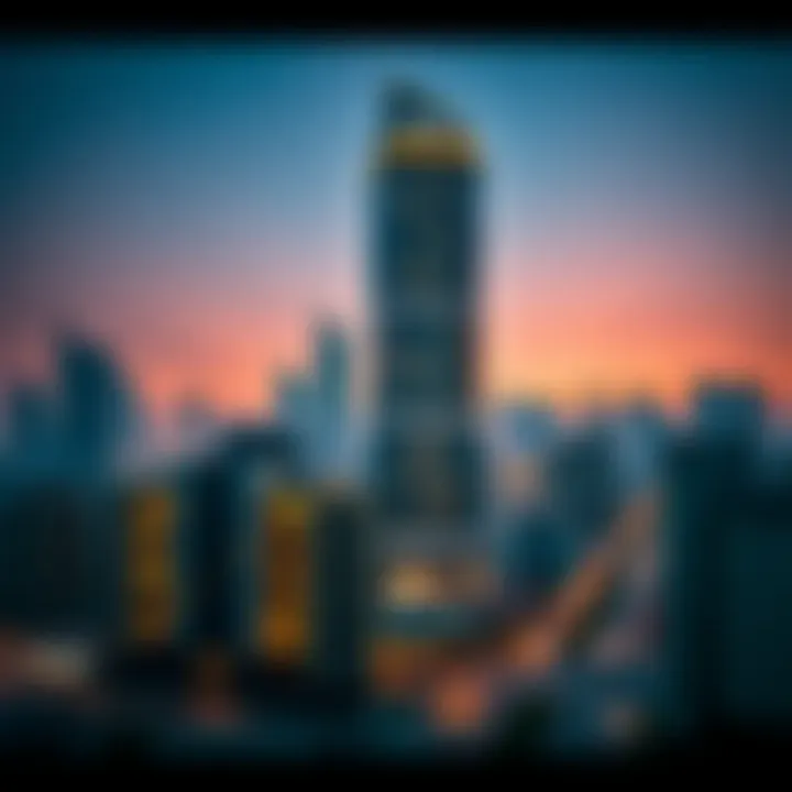 Evening view of Park Place Tower illuminated against the Dubai skyline.